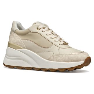 Women's Beige Logo Jacquard Leather Wedge Sneakers