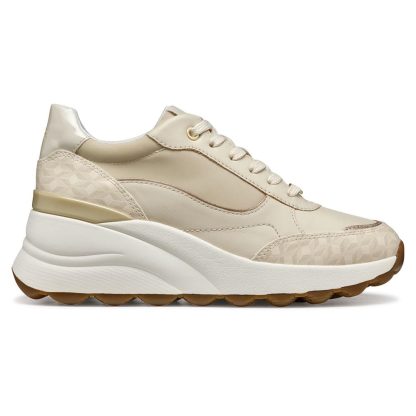 Women's Beige Logo Jacquard Leather Wedge Sneakers - Image 4