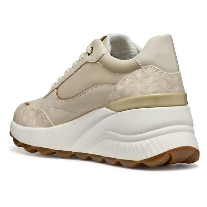 Women's Beige Logo Jacquard Leather Wedge Sneakers - Image 2