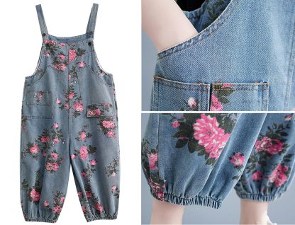 Women's floral print denim overalls - Image 8