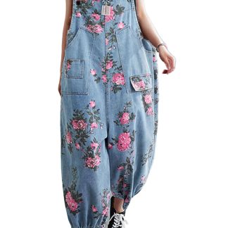 Women's floral print denim overalls