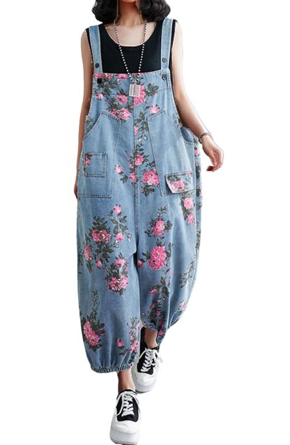 Women's floral print denim overalls