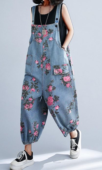 Women's floral print denim overalls - Image 6