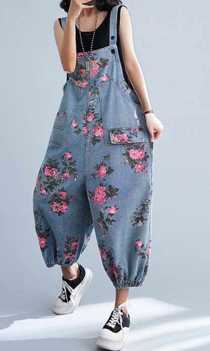Women's floral print denim overalls - Image 5