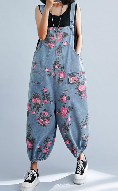 Women's floral print denim overalls - Image 4