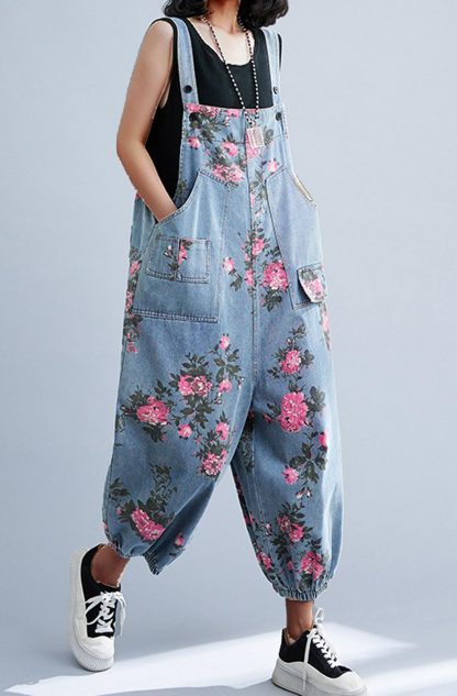 Women's floral print denim overalls - Image 3