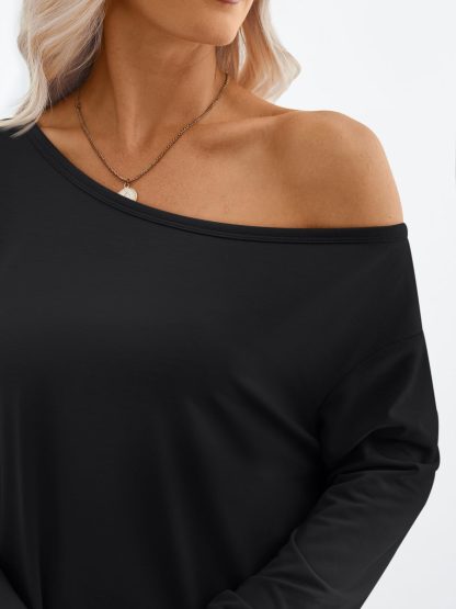 Women's black one-side off-the-shoulder loose long-sleeved top - Image 6