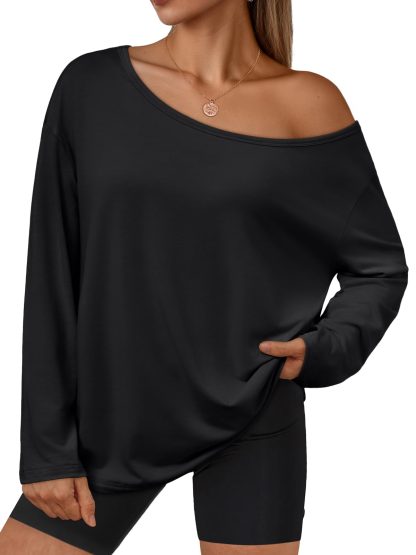 Women's black one-side off-the-shoulder loose long-sleeved top - Image 5