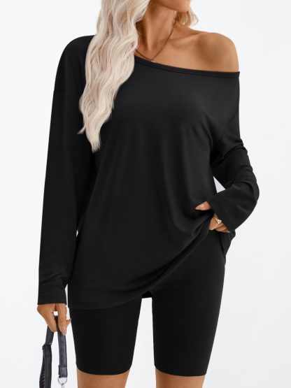 Women's black one-side off-the-shoulder loose long-sleeved top - Image 4