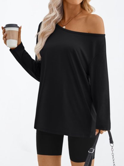 Women's black one-side off-the-shoulder loose long-sleeved top - Image 3