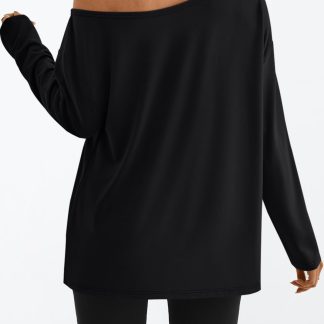 Women's black one-side off-the-shoulder loose long-sleeved top