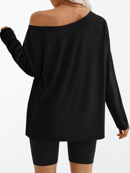 Women's black one-side off-the-shoulder loose long-sleeved top