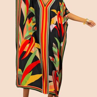 Tropical plant print robe dress
