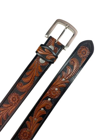 Contrast color carved cowhide belt - Image 9