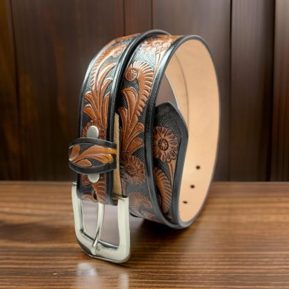 Contrast color carved cowhide belt - Image 5