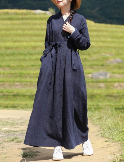 Navy blue lace-up long trench coat - Image 6