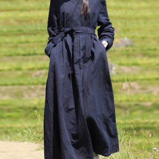 Navy blue lace-up long trench coat