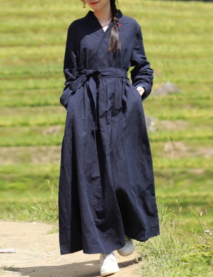 Navy blue lace-up long trench coat
