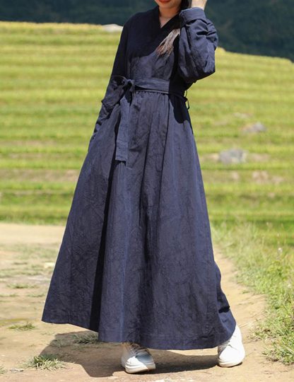 Navy blue lace-up long trench coat - Image 2