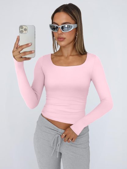 Women's pink square neck long-sleeved top - Image 5