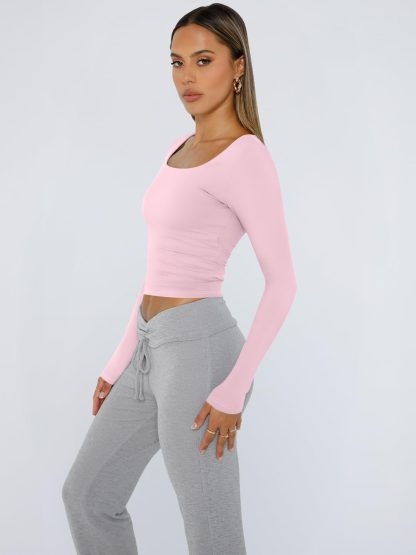 Women's pink square neck long-sleeved top - Image 4