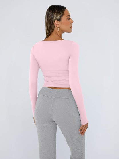 Women's pink square neck long-sleeved top - Image 3