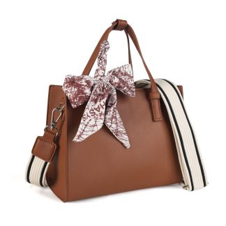 Brown silk scarf embellished handbag