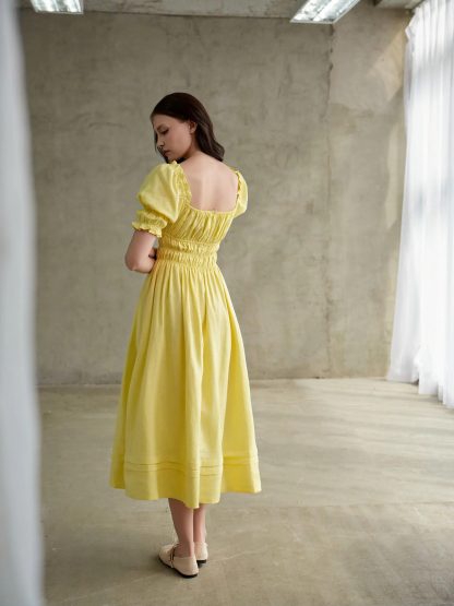 French Square Neck Puff Sleeve Waist Dress - Image 6
