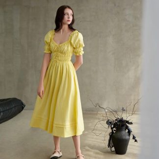 French Square Neck Puff Sleeve Waist Dress