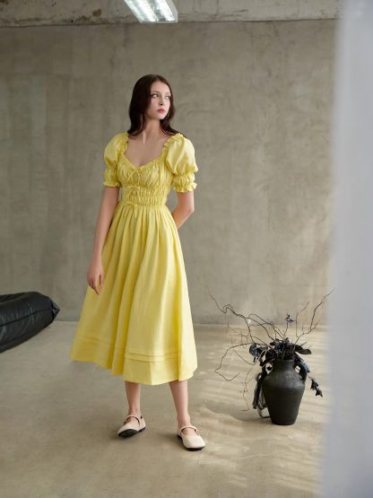 French Square Neck Puff Sleeve Waist Dress