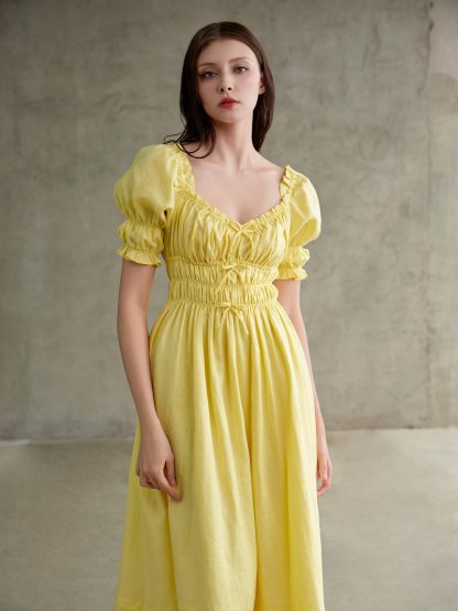French Square Neck Puff Sleeve Waist Dress - Image 3