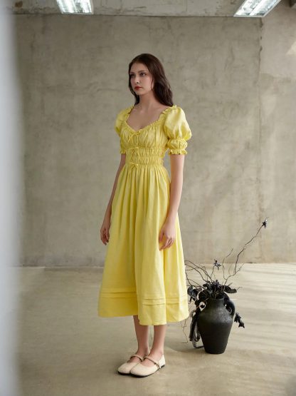 French Square Neck Puff Sleeve Waist Dress - Image 2