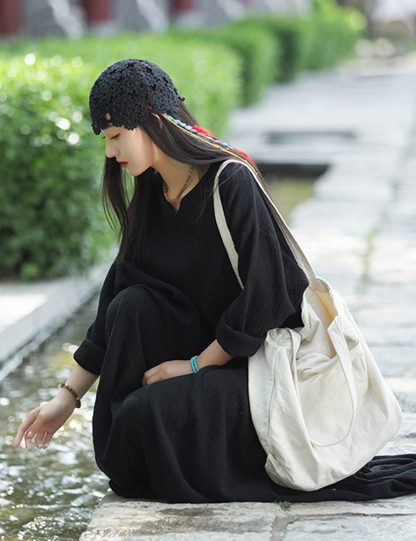 Simple black loose long-sleeved dress - Image 5