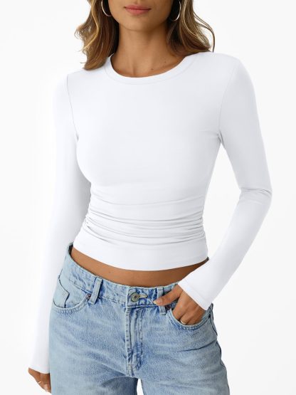 Women's white long-sleeved pleated top