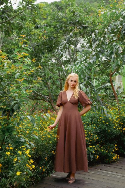 French Retro Deep V Neck Puff Sleeve Maxi Dress - Image 6