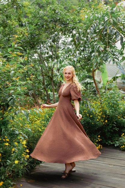 French Retro Deep V Neck Puff Sleeve Maxi Dress - Image 4