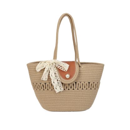 Lace Bow Straw Tote