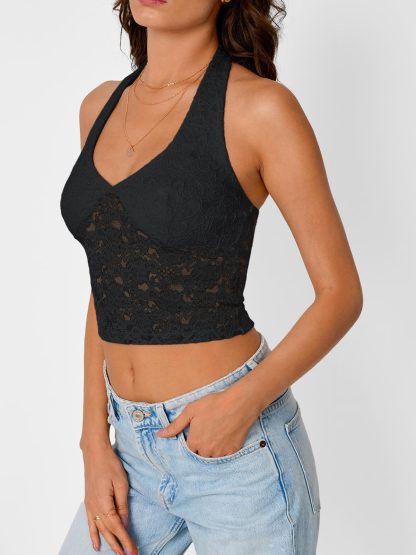 Women's Black Halter Neck Deep V Lace Cropped Top - Image 3