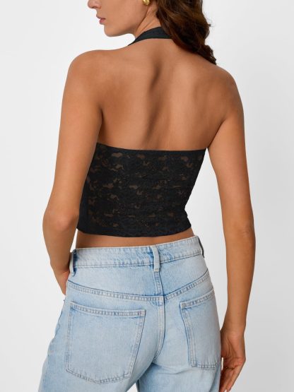 Women's Black Halter Neck Deep V Lace Cropped Top - Image 2