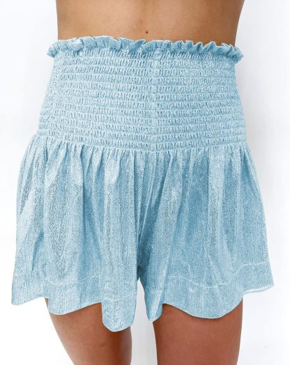 Women's light blue pleated high waist flared shorts - Image 7
