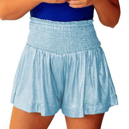 Women's light blue pleated high waist flared shorts
