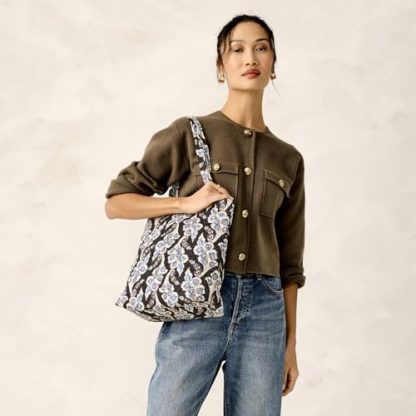 Vintage Printed Blue Flower Quilted Tote Bag - Image 6