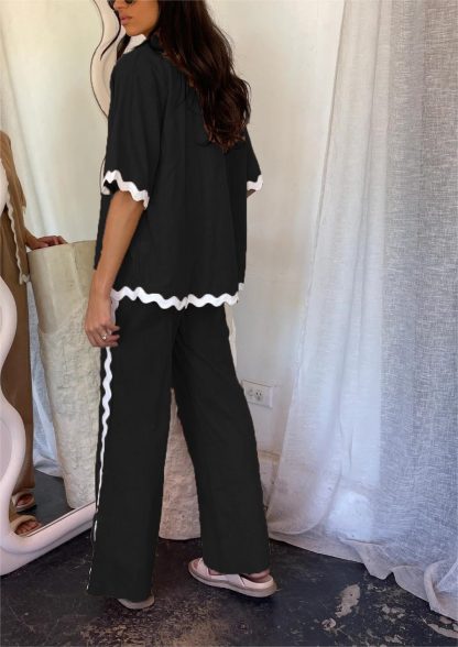 Women's contrasting wavy edge cardigan wide-leg pants set - Image 4