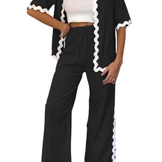 Women's contrasting wavy edge cardigan wide-leg pants set
