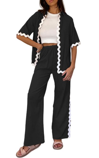 Women's contrasting wavy edge cardigan wide-leg pants set