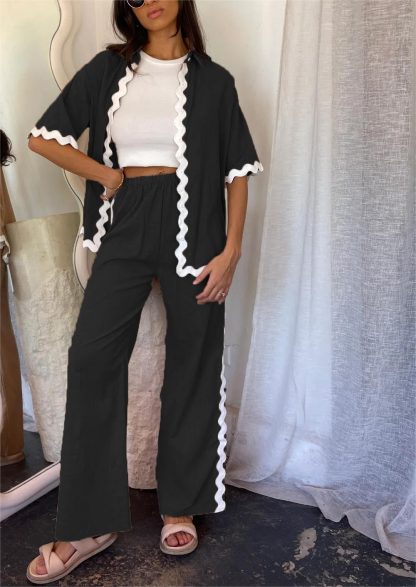 Women's contrasting wavy edge cardigan wide-leg pants set - Image 2