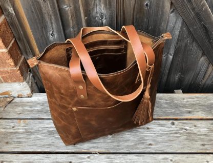 Handmade Vintage Leather Tassel Tote Bag - Image 3