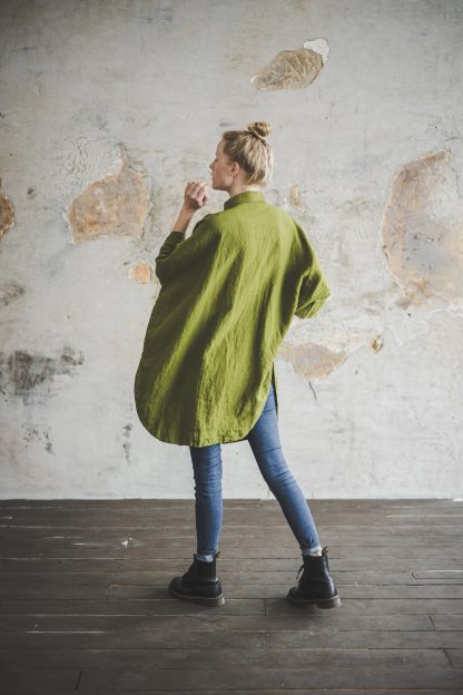 Women's Linen Long Shirt Olive Green - Image 2