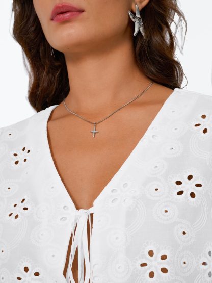Women's White Hollow Embroidery Lace-Up Cropped Top - Image 6