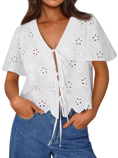 Women's White Hollow Embroidery Lace-Up Cropped Top - Image 5